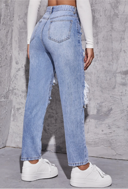 Calça jeans cintura alta perna reta rasgada