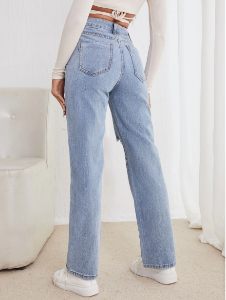 Calça  jeans perna alta reta rasgada