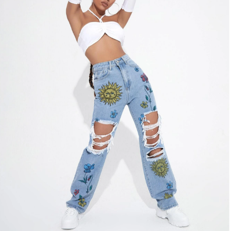 Calça Jeans Cintura alta Floral