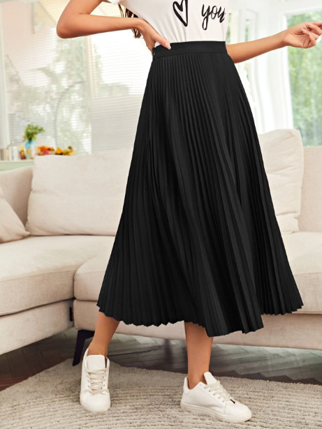 Saia sólida plissada de cintura alta